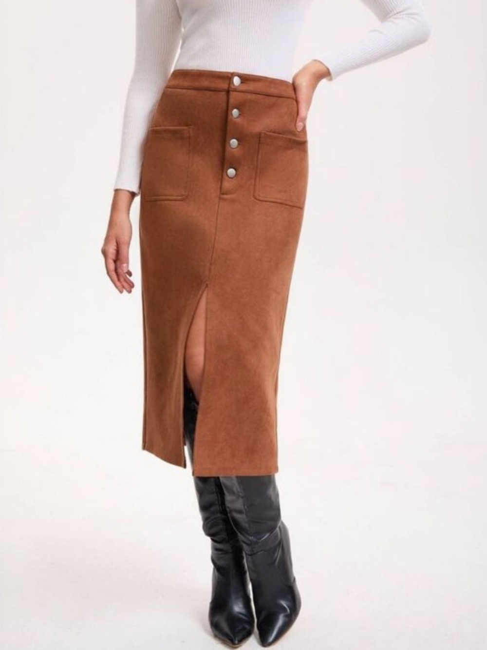A New Day - Women's Faux Suede Pocket Midi Pencil Skirt